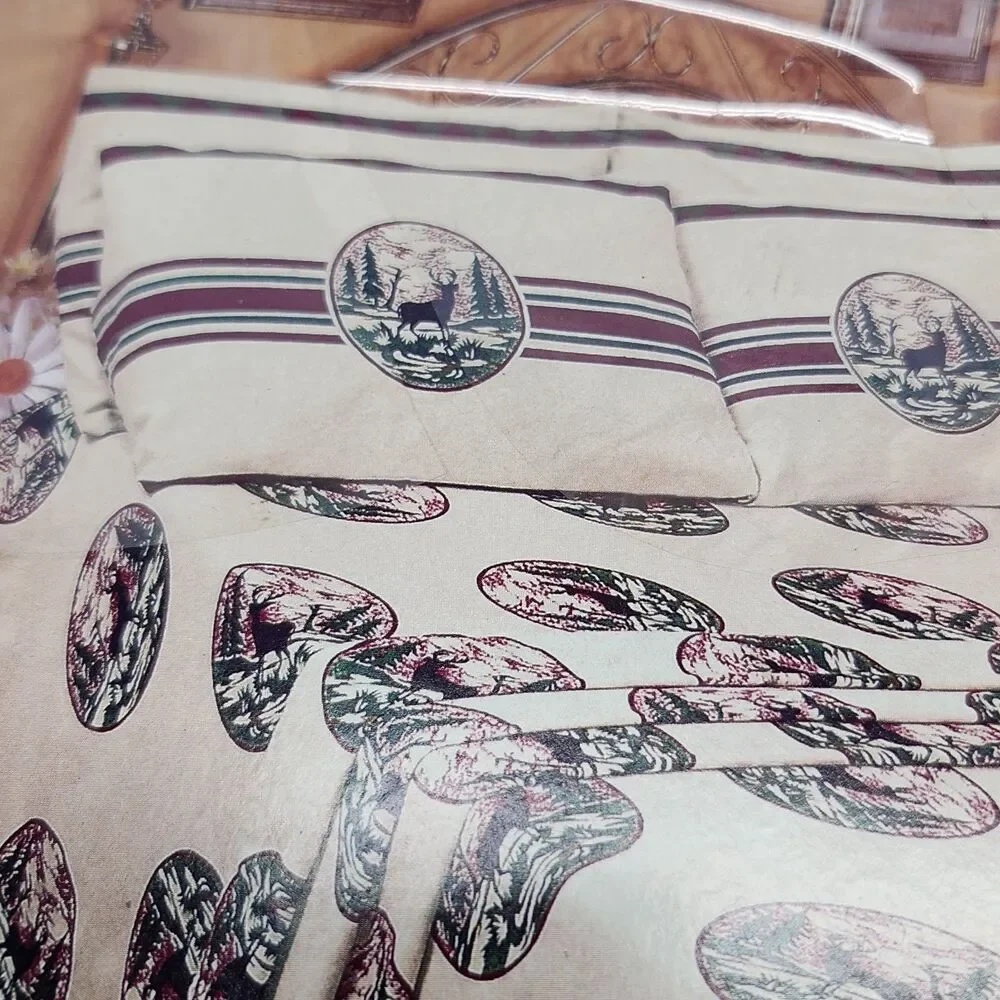 FRANCO Full Cotton Flannel Sheet Set Cameo Deer Rustic Cabincore Hunting Cabin